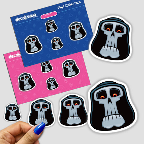 Grim Reaper stickers featuring cartoon skulls with red eyes, held in hand, showcasing unique designs from Decal Venue.