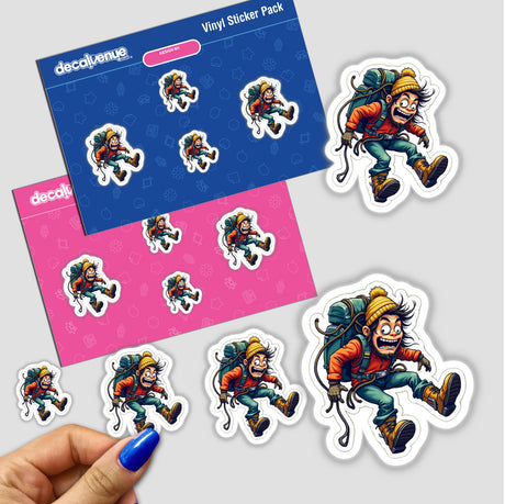 Alpinista Zoiudo stickers featuring cartoon characters with backpacks, available as physical stickers or digital artwork.