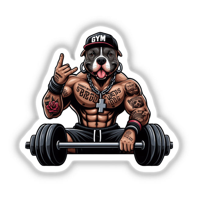 Hip Hop Gym Pitbull Dog: Cartoon of a pitbull lifting weights in a gym setting, available as unique vinyl stickers or digital artwork from Decal Venue.