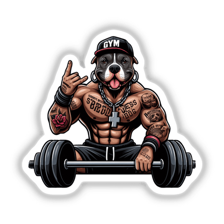 Hip Hop Gym Pitbull Dog: Cartoon of a pitbull lifting weights in a gym setting, available as unique vinyl stickers or digital artwork from Decal Venue.