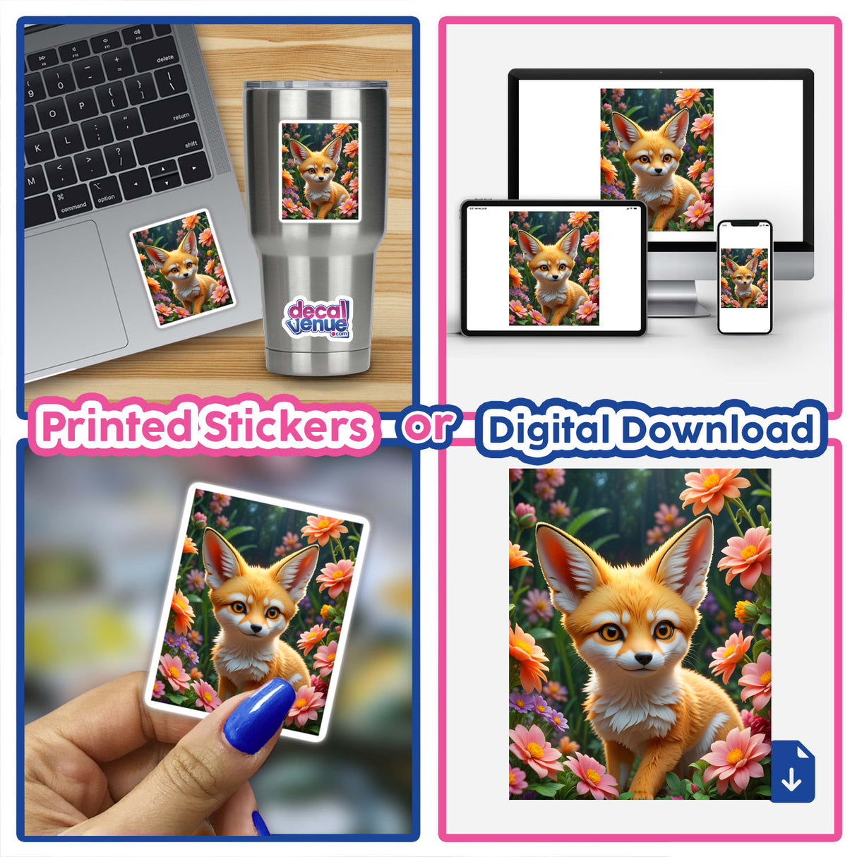 Cute Fennec Fox In A Blooming Garden sticker on a laptop, featuring a playful fox amidst flowers, embodying nature's charm and perfect for decorating personal items with vibrant detail.