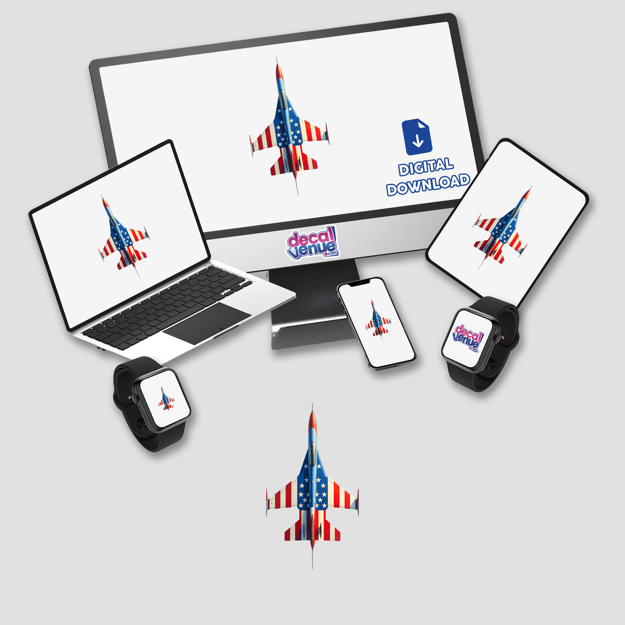 A Cool American Flag Fighter Jet depicted on a computer monitor and laptop screen, available as stickers or digital artwork from Decal Venue.