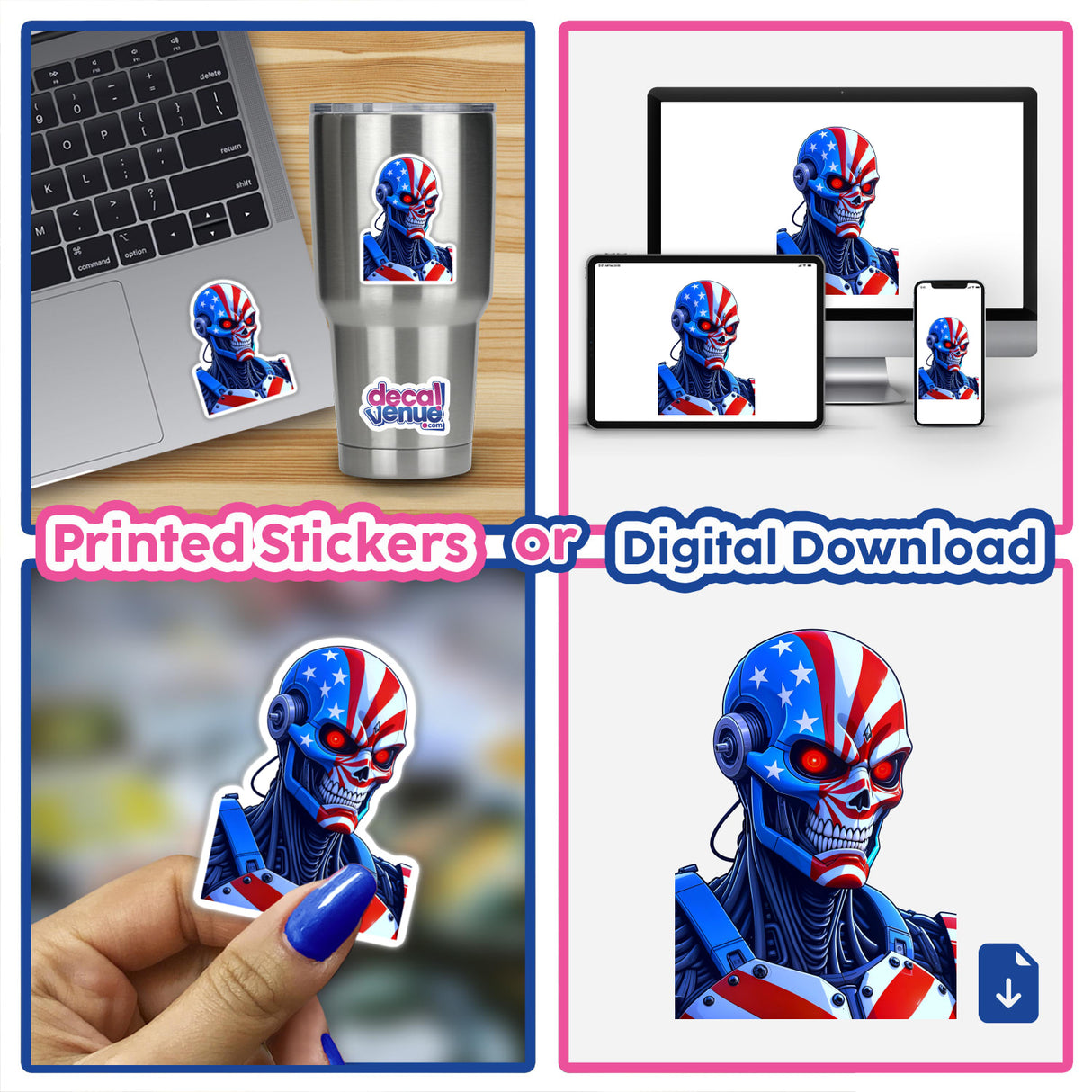 Collage featuring 'A Cool American Flag Army Cyborg' sticker and digital artwork, showcasing a robot with a flag, ideal for laptops and creative projects from Decal Venue.