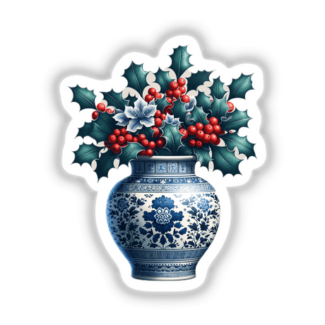 Chinoiserie Ginger Jar with Holly, featuring a blue and white vase adorned with red berries and leaves, available as unique stickers or digital artwork at Decal Venue.