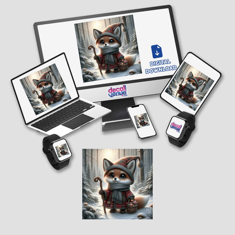 Foxy Forager digital artwork displayed on a laptop screen, featuring a cartoon fox in a snowy forest holding a basket and cane, available as stickers or digital art from Decal Venue.