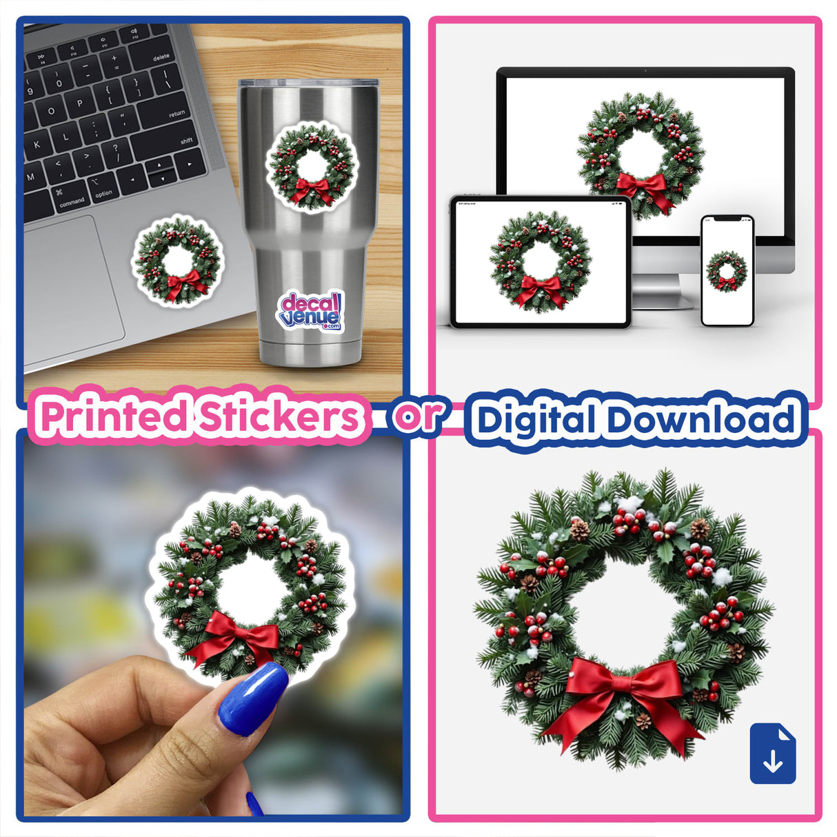 Christmas Wreath Envelope Seal Stickers featuring festive wreaths with red berries and bows, ideal for holiday stationery, cards, and gifts. Perfect for adding a seasonal touch to envelopes.