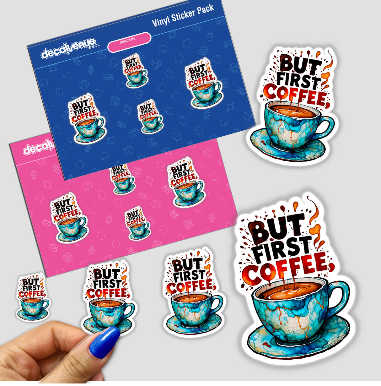 Sticker pack titled But First Coffee Quote featuring cartoon-style coffee cups, some with liquid pouring, held in a hand with painted fingernails, available as stickers or digital artwork.