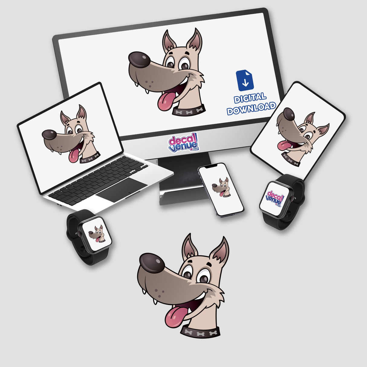 Happy Dog sticker pack featuring cartoon dogs on a laptop, monitor, tablet, and smartwatch screens, showcasing playful sketches ideal for tech-themed decorations from Decal Venue's unique sticker collection.