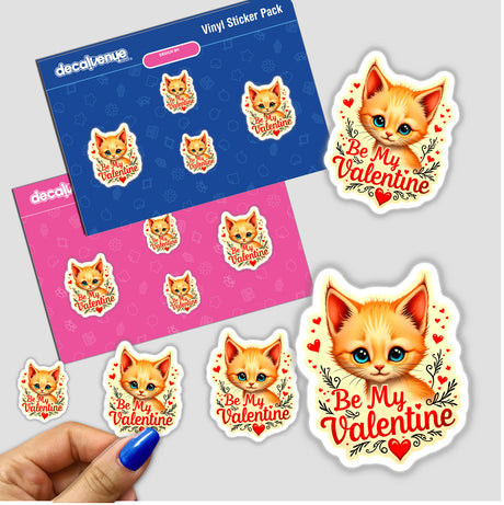 Be My Valentine Valentine's Day Kitten stickers featuring adorable cartoon cats, some with hearts and text, available as stickers or digital artwork.