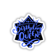 Birthday Queen Blue logo featuring a crown, available as stickers or digital artwork, showcasing a blue and black design with distinct lettering, ideal for celebrating special occasions.