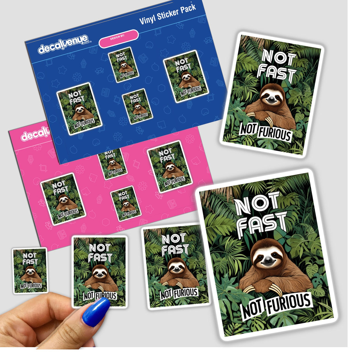 Relaxed Sloth Amid Lush Tropical Leaves with Bold “Not Fast, Not Furious” Typography featured on vinyl stickers, showcasing cartoon sloths in a jungle setting. Ideal as stickers or digital artwork.