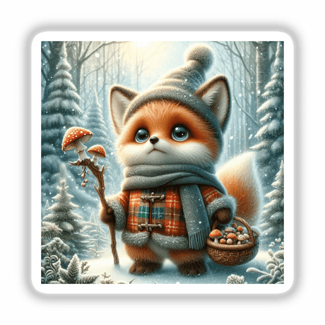 Cartoon Foxy Forager depicted holding a basket of mushrooms, available as unique vinyl stickers or digital artwork from Decal Venue, showcasing a whimsical foraging scene.