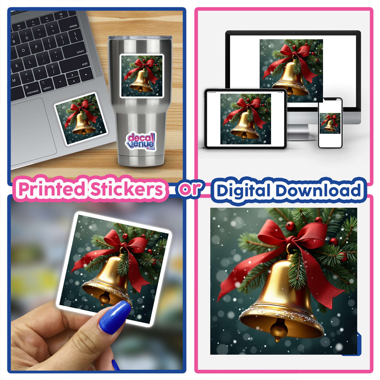 Christmas Bell Envelope Seal Stickers featuring a gold bell adorned with a red bow, perfect for enhancing holiday cards and gifts. Ideal for seasonal decoration, aligning with Decal Venue's unique sticker offerings.