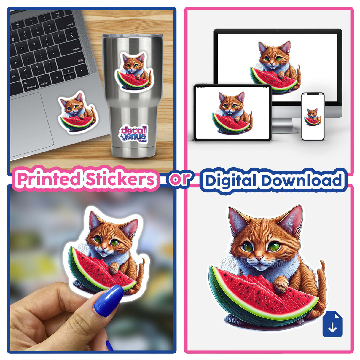 Colorful digital artwork of a cat eating a slice of watermelon, available as printed stickers or as a digital download from the Decal Venue store, which offers unique stickers and digital art created by talented designers.