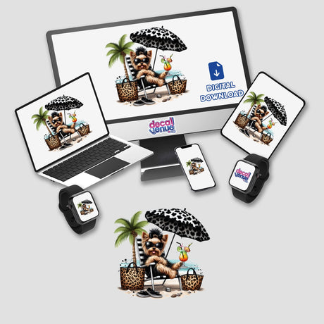 Everything Leopard Yorkie Beach Dog sticker or digital artwork depicting a Yorkie wearing sunglasses, sitting on a beach chair, with a beach umbrella and computer devices showing beach scenes.