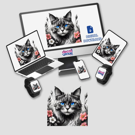 Cat Blue Eyes Floral Accents PA08 sticker or digital artwork featuring a cat with blue eyes and floral designs displayed on a computer monitor and laptop screens.