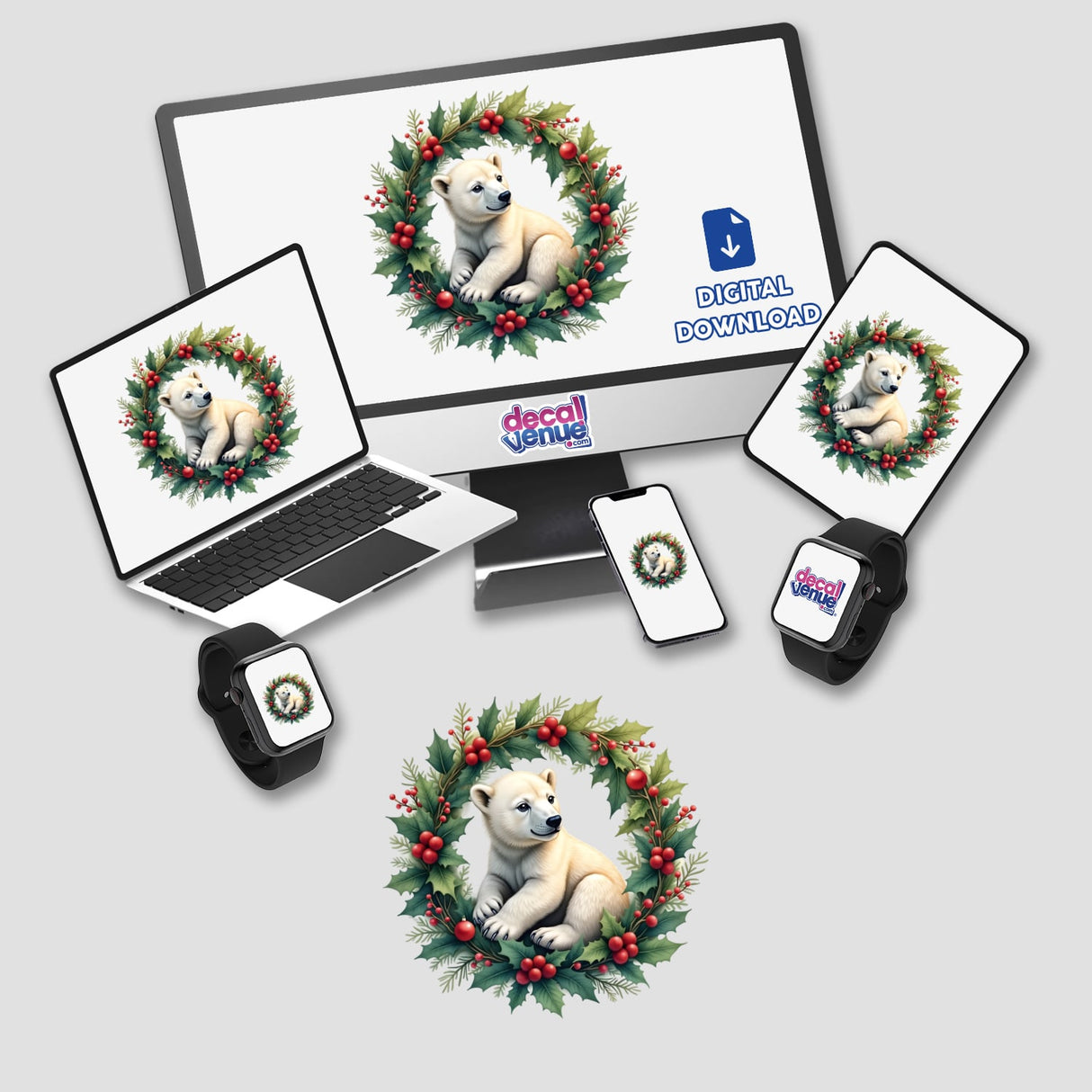 Polar Bear Cub in a Christmas Wreath displayed on a laptop screen, available as stickers or digital artwork from Decal Venue, known for unique stickers and digital art collections.