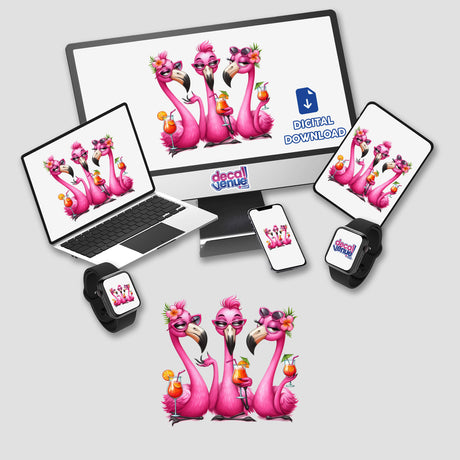 The Pinkie Flamingo Ladies: a vibrant digital artwork featuring whimsical pink flamingos holding drinks, available as stickers or digital art, showcasing playful charm for Decal Venue's unique collection.