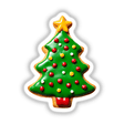 Festive Christmas Tree Decorated Cookie Design featuring a gingerbread cookie with green icing, adorned with red and yellow dots. Available as Stickers or Digital Artwork from Decal Venue.