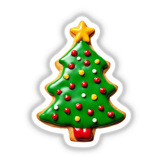 Festive Christmas Tree Decorated Cookie Design featuring a gingerbread cookie with green icing, adorned with red and yellow dots. Available as Stickers or Digital Artwork from Decal Venue.