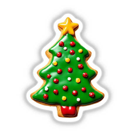 Festive Christmas Tree Decorated Cookie Design featuring a gingerbread cookie with green icing, adorned with red and yellow dots. Available as Stickers or Digital Artwork from Decal Venue.