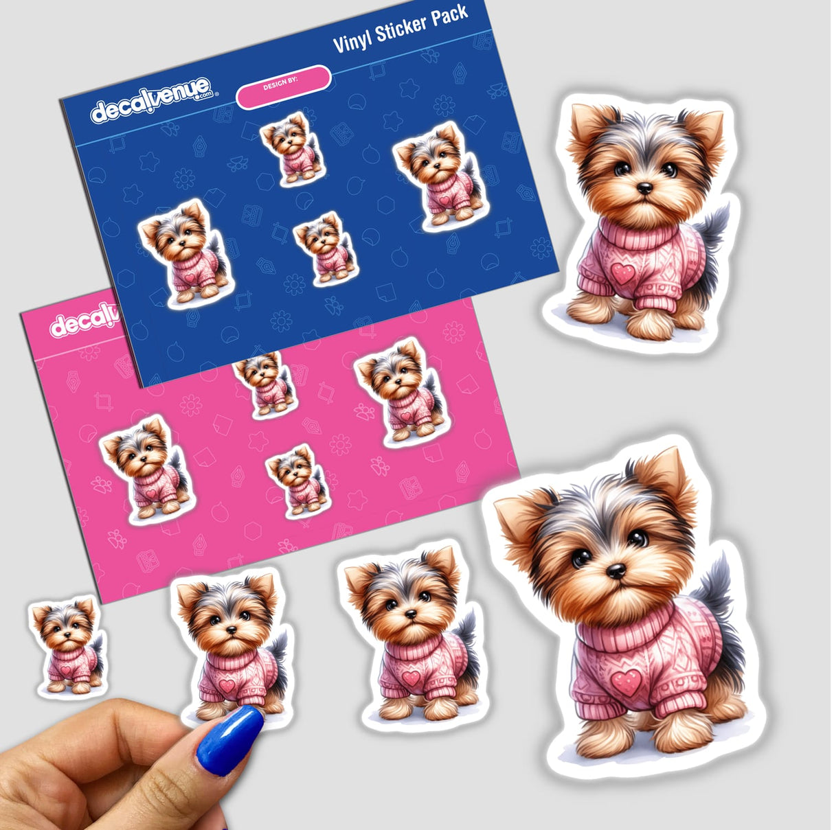 Cute Yorkie Dog with Pink Heart Sweater sticker or digital artwork featuring a cartoon Yorkie wearing a heart-patterned sweater, perfect for decorating laptops, notebooks, or digital projects.