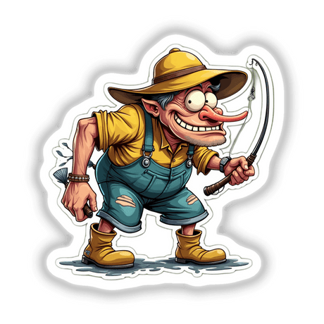 Cadê o Meu Peixe: A cartoon man in a hat holding a fishing pole, with a boot caught on the line. Available as stickers or digital artwork.