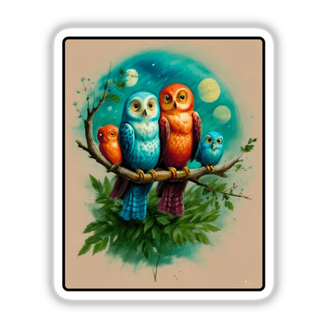 Colorful Family of Owls artwork featuring a group of vibrant owls perched on a branch, available as stickers or digital artwork, showcasing unique and artistic bird designs from Decal Venue.