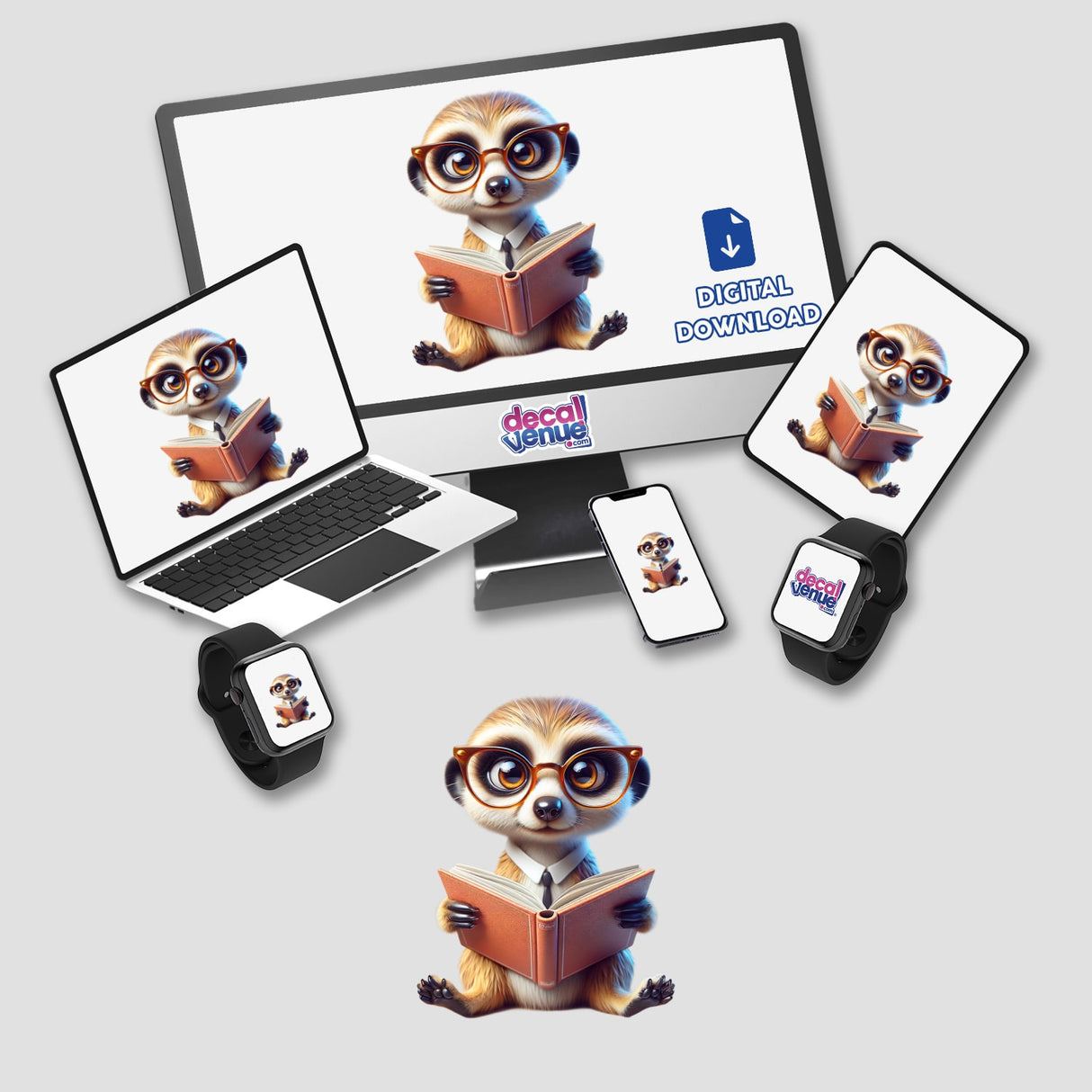 Meerkat With Reading Glasses Open Book depicted on a computer monitor and laptop, available as unique stickers or digital artwork from Decal Venue.