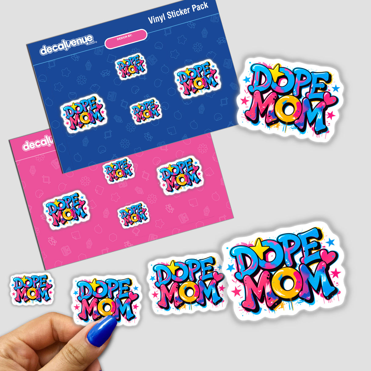 Dope Mom stickers featuring playful text, stars, and hearts; available as vinyl decals or digital artwork.