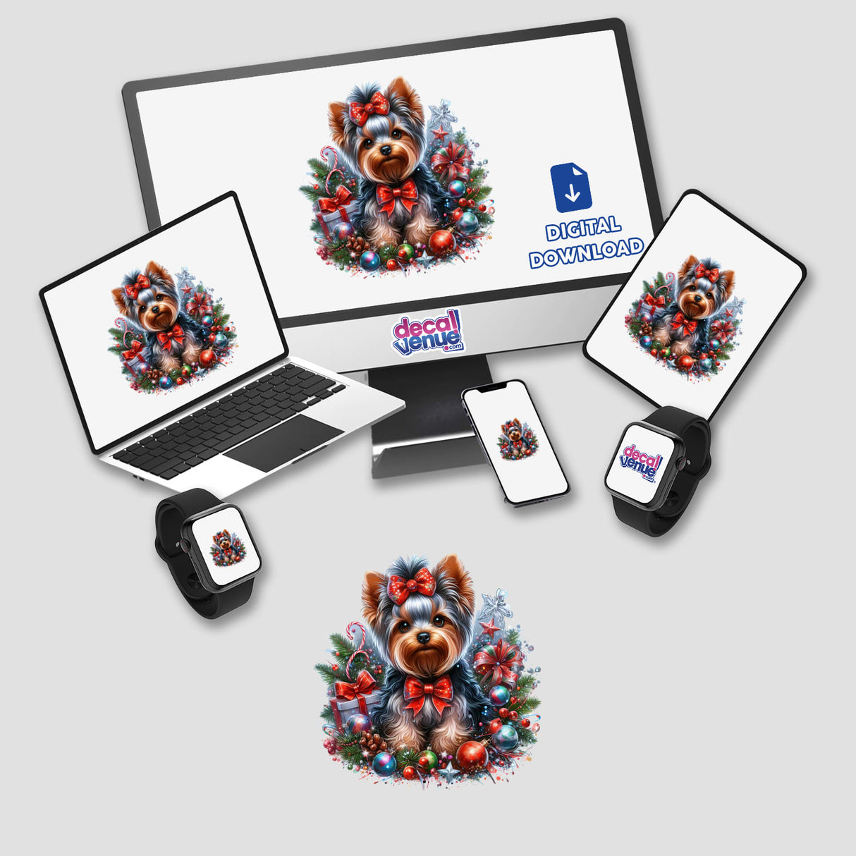 Christmas Yorkie Dog digital artwork displayed on a computer monitor and laptop, featuring a festive Yorkie with a bow. Available as stickers or digital art from Decal Venue.