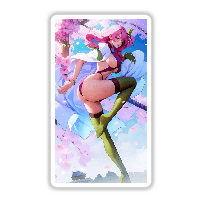 FiestyGirl Ninja: Cartoon of a woman with pink hair and green stockings, available as stickers or digital artwork.