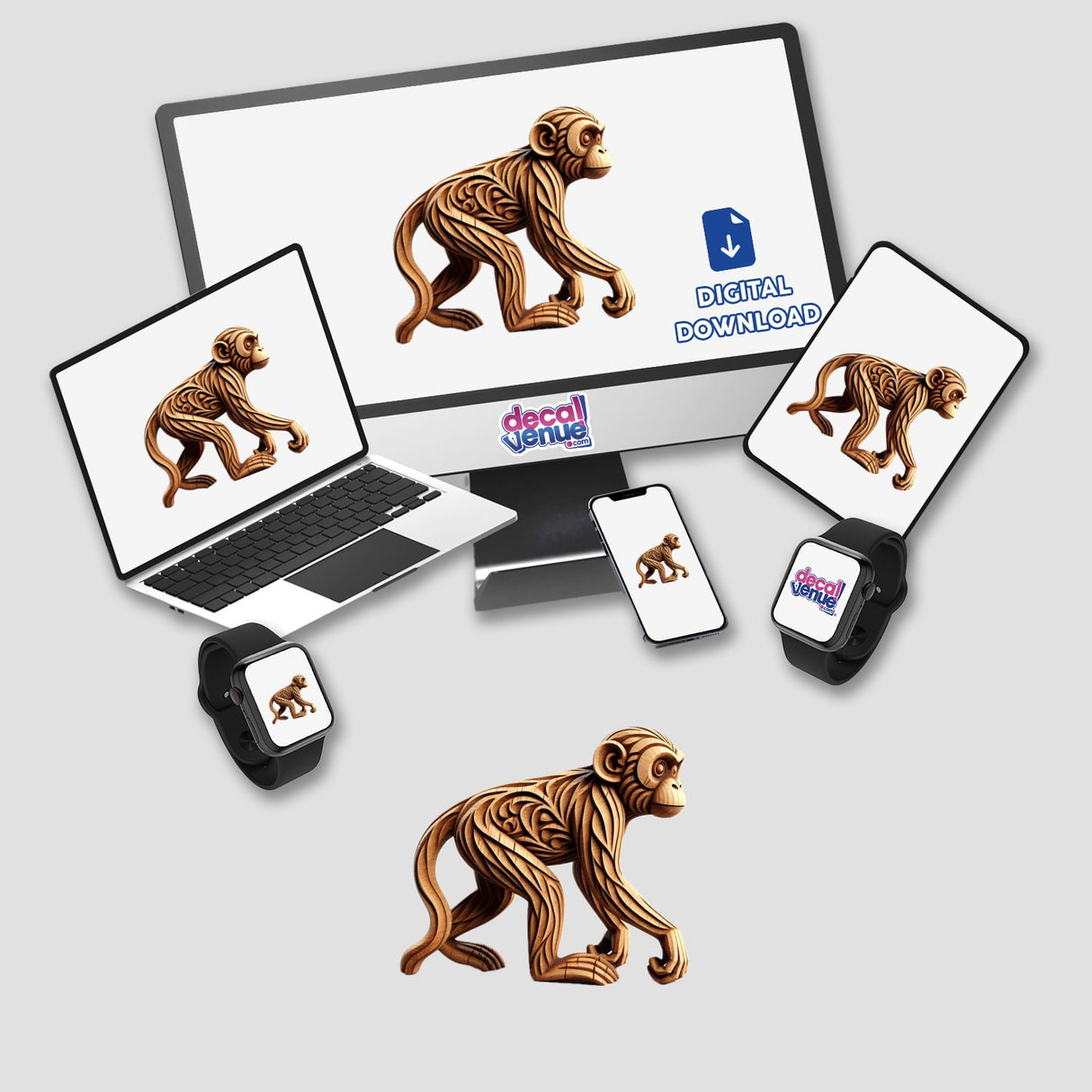 Carved Wood Monkey displayed on a computer monitor and laptop, showcasing its intricate details available as stickers or digital artwork from Decal Venue.