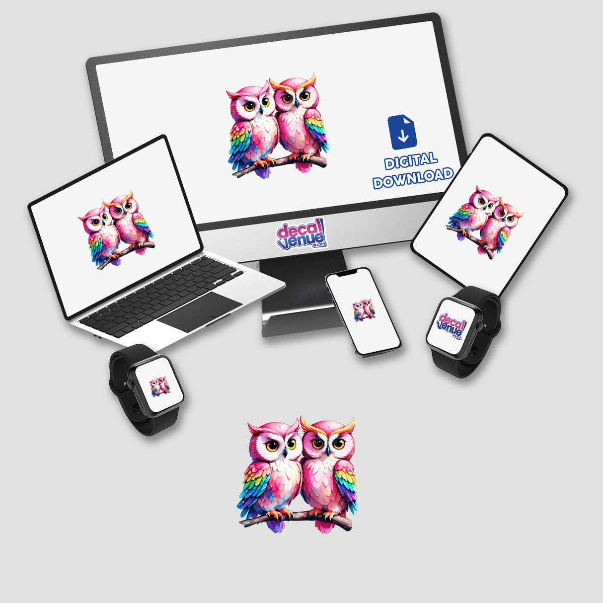 Lovebirds: Cute Pink Owl Couple in Love sticker or digital artwork featuring two cartoon pink owls perched on a branch, surrounded by electronic devices.