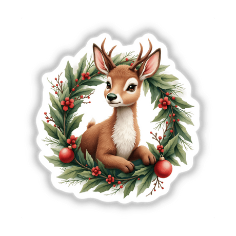 Reindeer in a Christmas Wreath: A whimsical cartoon deer with antlers surrounded by festive foliage, available as stickers or digital artwork, embodying Decal Venue's unique design flair.