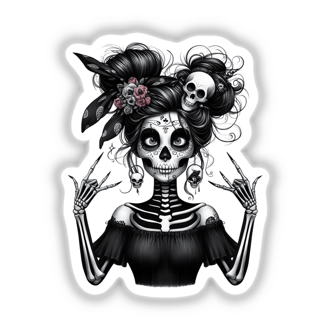 Skeleton Zombie Mama digital artwork featuring a woman with skull makeup and skeleton hand motifs, available as unique stickers or art.