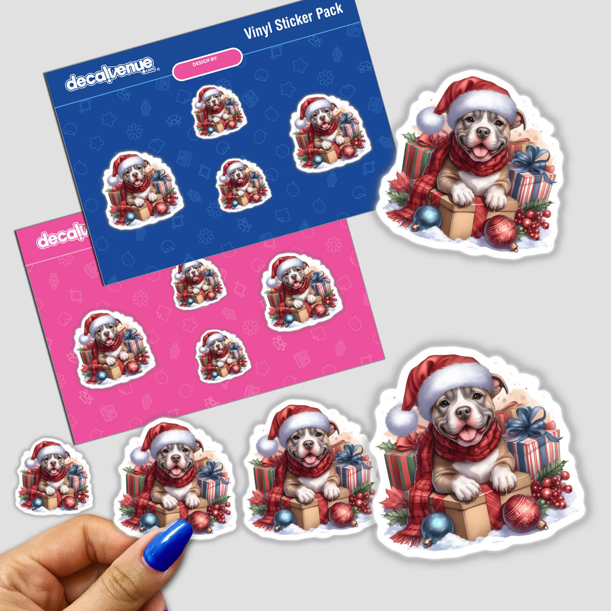 Christmas Eve Pitbull Dog sticker featuring a cartoon dog in a Santa hat and scarf, surrounded by gifts. Available as part of Decal Venue's unique stickers and digital art collection.