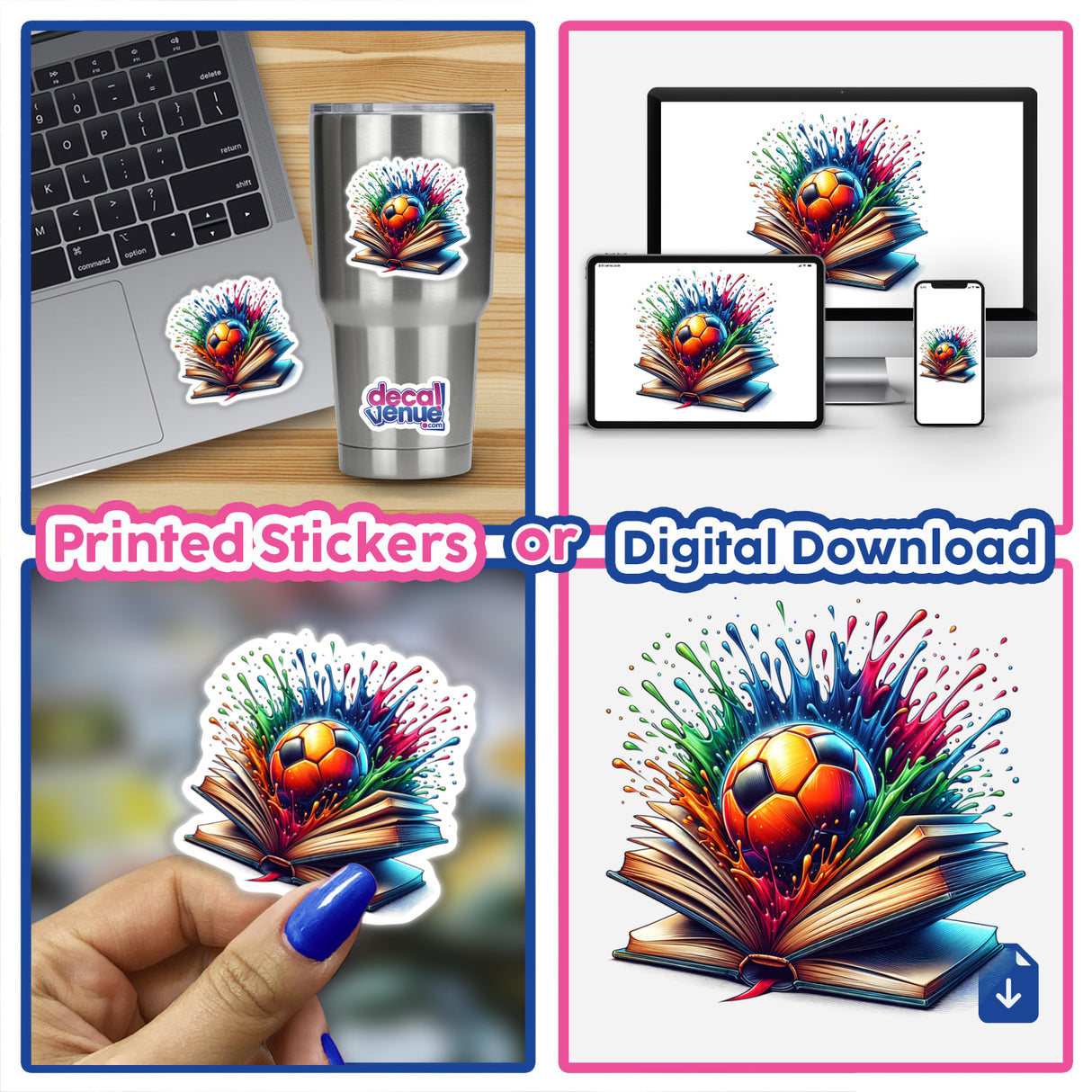 Soccer Ball Bursting from an Open Book with Colorful Splashes; vibrant artwork capturing creativity and athleticism, available as stickers or digital art. Perfect for soccer enthusiasts and art lovers.