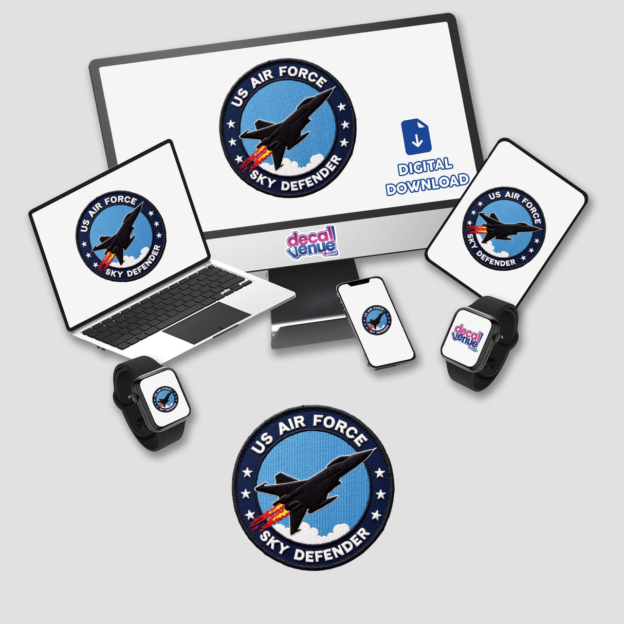 0011 - US AIR FORCE SKY DEFENDER sticker or digital artwork featuring a jet flying in the sky, displayed on a computer monitor and laptop screen with a logo.