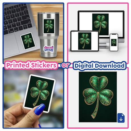 Collage featuring Opulent Shamrock stickers or digital artwork, showcasing green clover with gold and gemstone accents, available on laptops and devices, highlighting Decal Venue's unique art style.