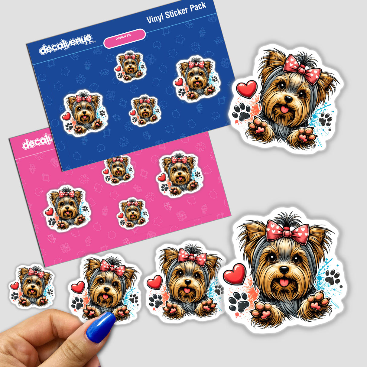 Yorkie Dog Hearts and Paws stickers featuring cartoon Yorkshire Terriers with bows, ideal for personalizing laptops and phones, capturing the breed's playful spirit in vibrant designs.