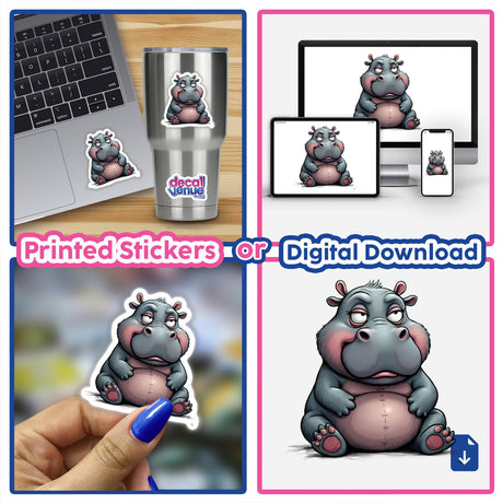 Grumpy Chubby Hippo collage featuring cartoon hippos on various items, including laptops, tumblers, and as stickers or digital artwork.