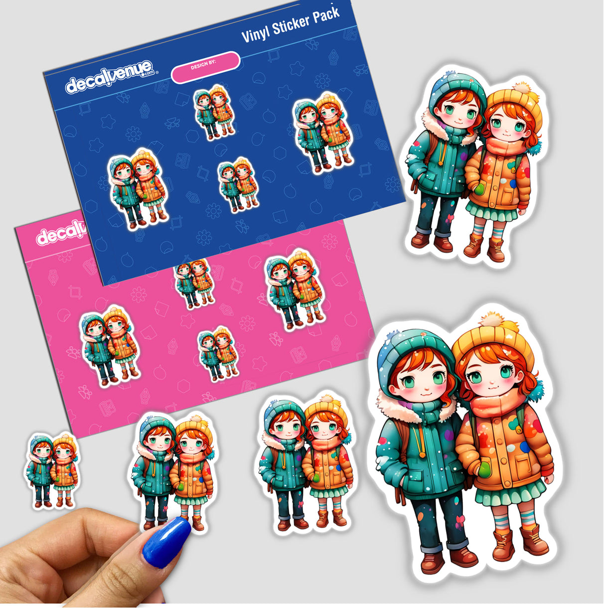 Kawaii LGBTQ Couple in Winter Wear Sticker featuring cartoon characters in coats, available as individual stickers or a sticker pack.