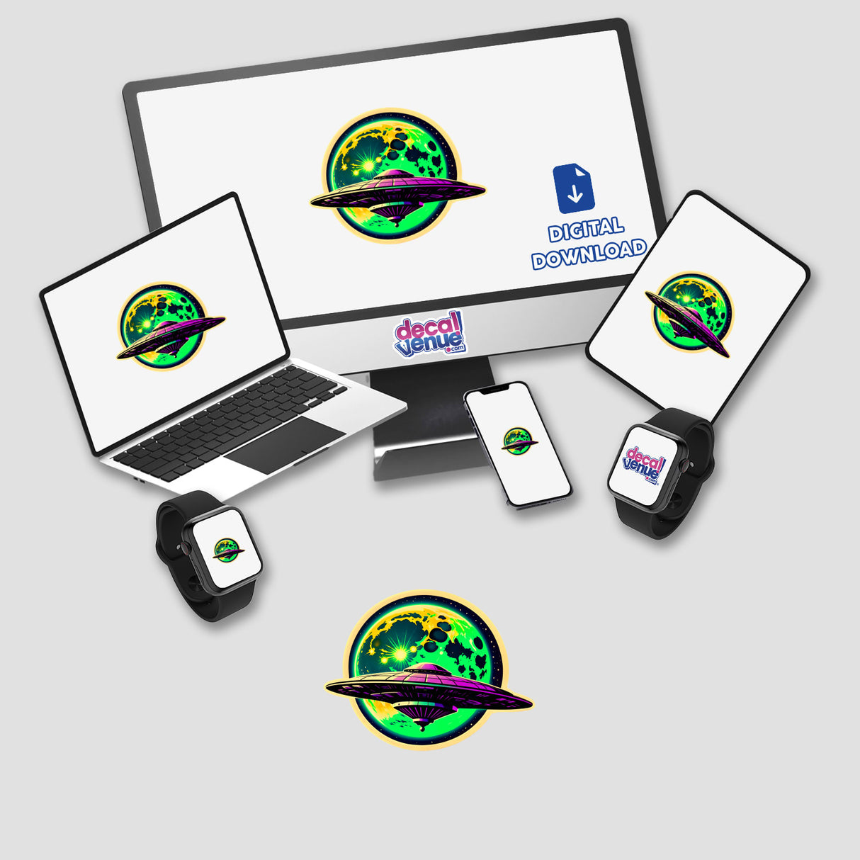 A UFO In Front Of A Moon depicted on a laptop screen, surrounded by a computer monitor, smartphone, and smartwatch, capturing a digital artwork theme, available as stickers or digital art.