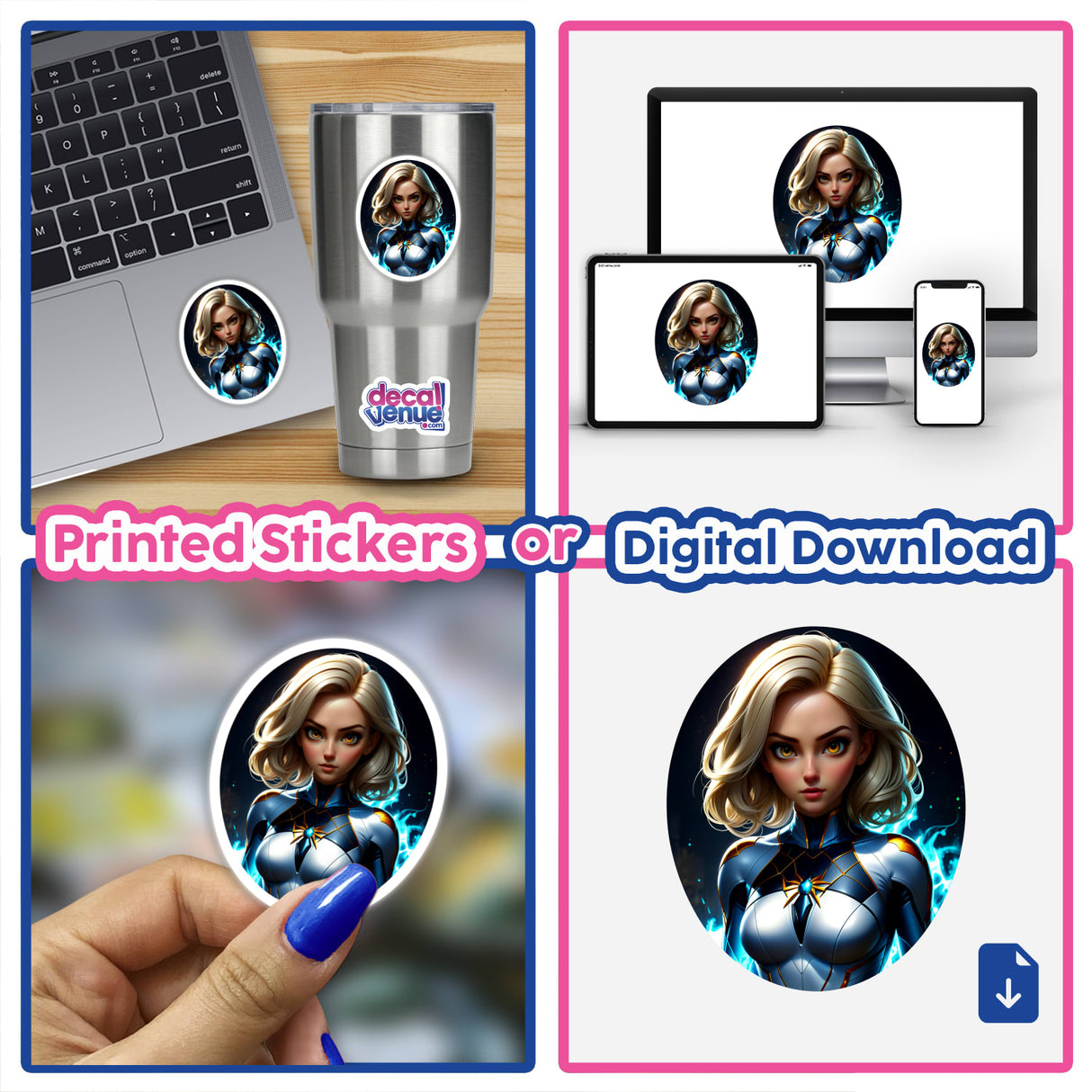 A collage featuring A Cute Anime Superhero Girl depicted on various items including a laptop and a silver cup, available as stickers or digital artwork from Decal Venue.