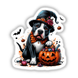 Cute Halloween Pitbull Dog wearing a whimsical hat and holding a pumpkin basket, available as unique stickers or digital artwork from Decal Venue. Perfect for adding festive charm.