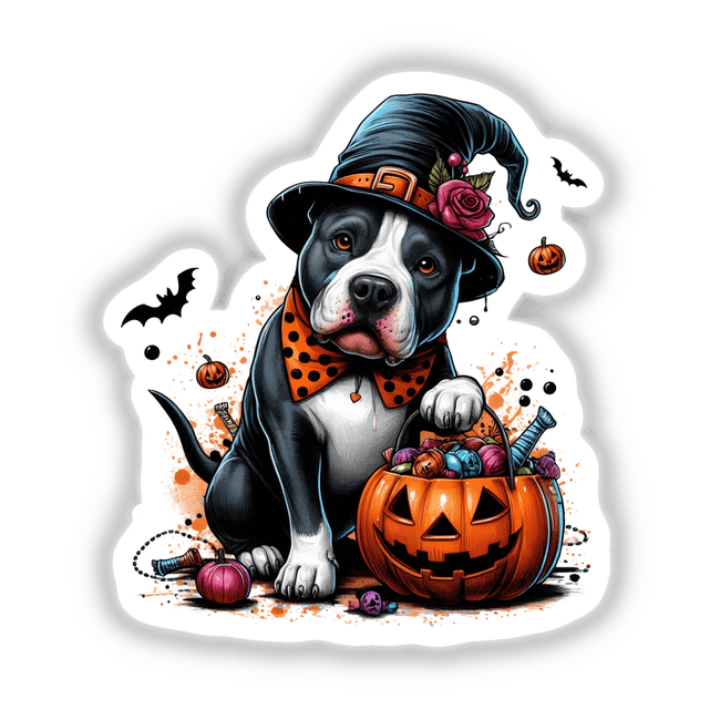 Cute Halloween Pitbull Dog wearing a whimsical hat and holding a pumpkin basket, available as unique stickers or digital artwork from Decal Venue. Perfect for adding festive charm.