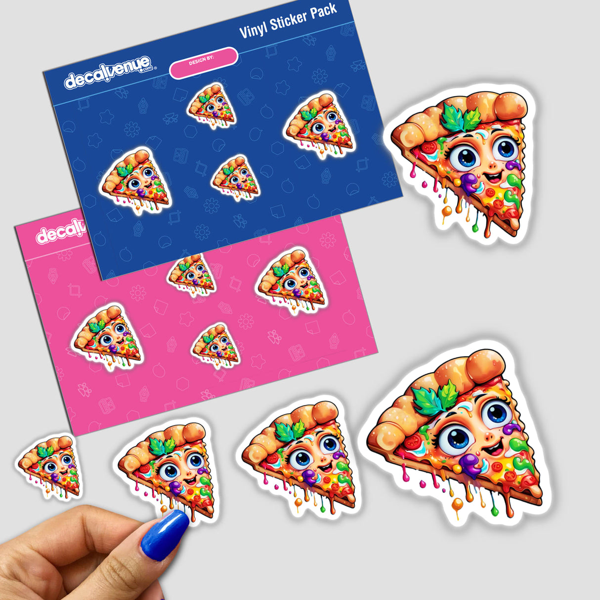 Hand holding a Trippy Melting Pizza: Psychedelic Sticker pack featuring cartoon pizza slices with faces.