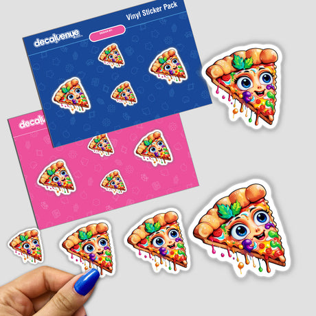 Hand holding a Trippy Melting Pizza: Psychedelic Sticker pack featuring cartoon pizza slices with faces.