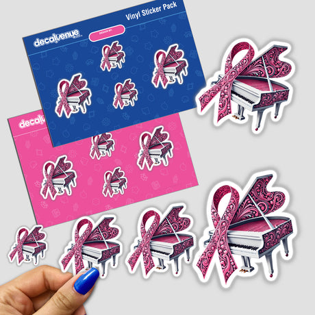 Grand Piano Pink Ribbon Breast Cancer sticker pack featuring pink ribbons and pianos, perfect for supporting awareness. Available as stickers or digital artwork.